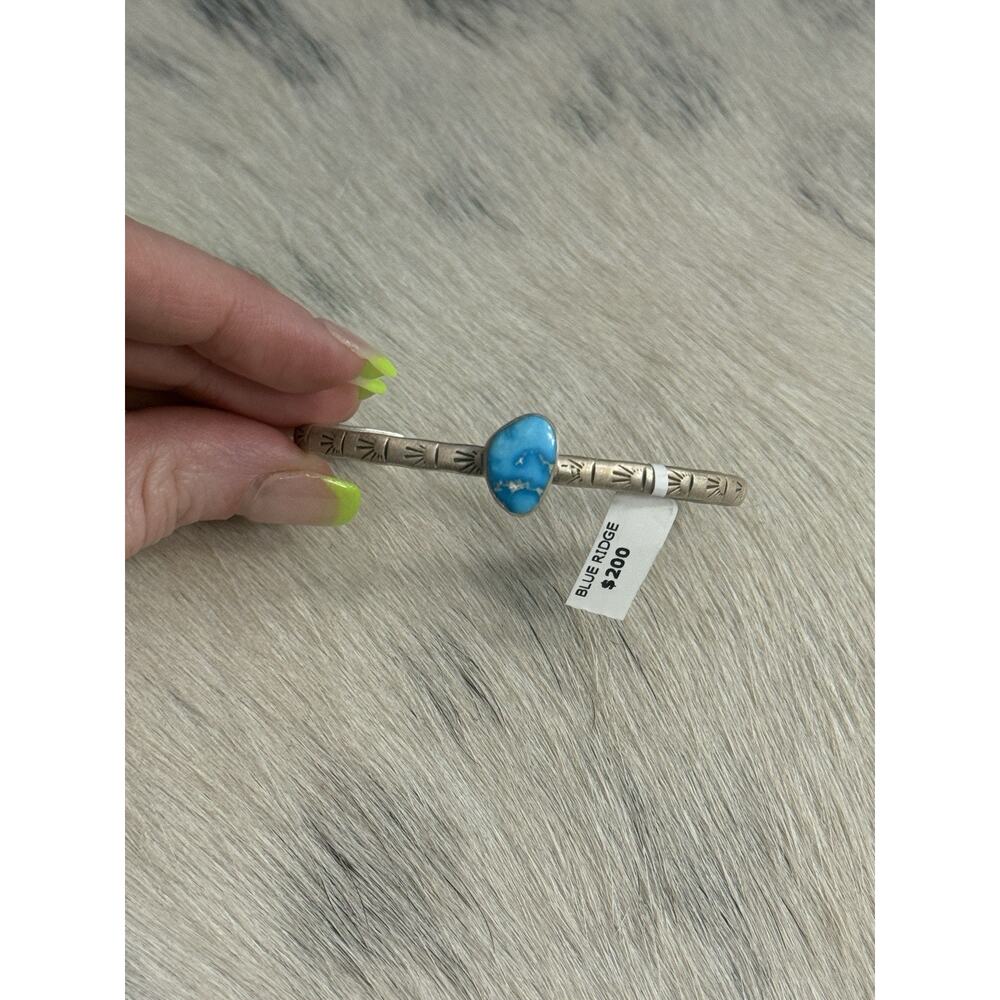 Sterling Silver Blue Ridge Turquoise Stamped Cuff Bracelet Stacker Single Stone - Picture 5 of 16